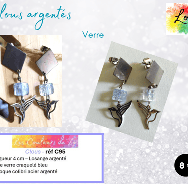 Boucles clous argentés losange acier verre craquelé bleu colibri acier Les Couleurs de Lo