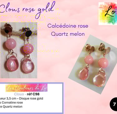 Boucles clous dorés Calcédoine rose Quartz melon Les Couleurs de Lo