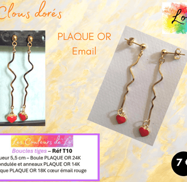 Boucles clous Plaqué or tige cœur émail rouge Les Couleurs de Lo