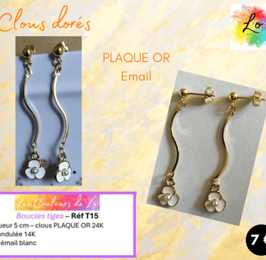 Boucles clous Plaqué or tige rigide fleur émail blanc Les Couleurs de Lo