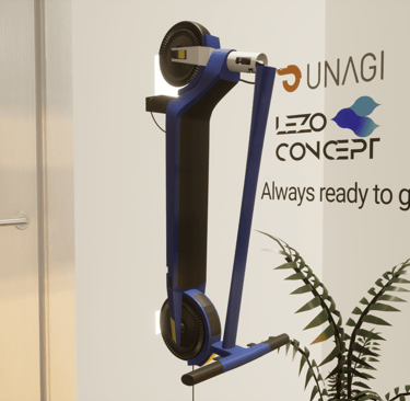 a blue scooter with a plant in the background