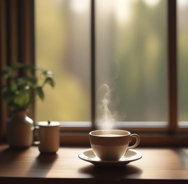 Tasse de café fumante posée sur une table, symbole de pause, détente et moment pour soi