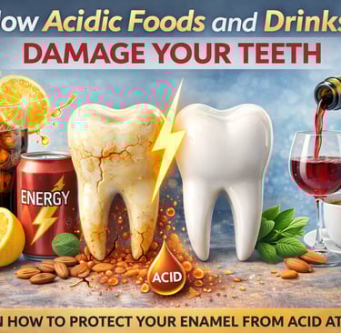 Close-up dental health banner showing a visibly cracked and eroded tooth surrounded by acidic foods