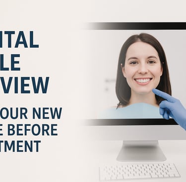 Digital Smile Preview showing a dentist pointing at a computer screen displaying a patient’s simulat