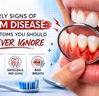 Close-up image of inflamed, bleeding gums examined with a dental mirror, alongside bold text highlig