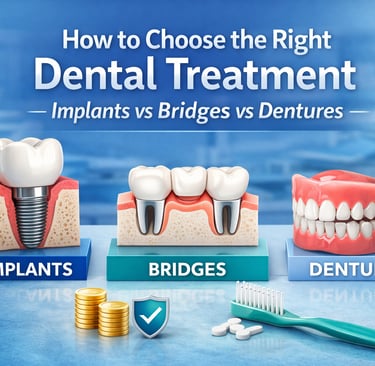 Dental implants vs bridges vs dentures comparison showing implant, dental bridge, and full dentures 