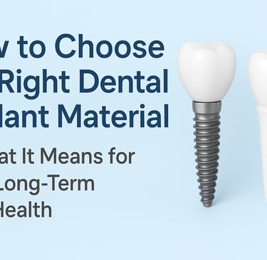 Illustration showing two dental implants—one titanium and one zirconia—on a light blue background wi