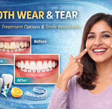 Tooth wear and tear treatment concept showing before and after teeth restoration and a smiling woman