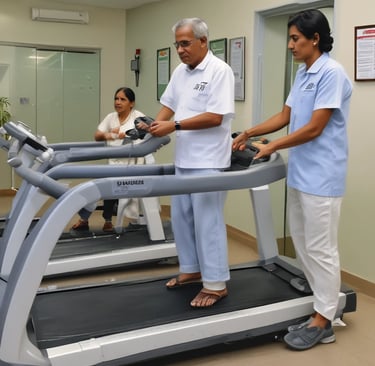 A cardiologist conducting a treadmill test with a patient walking steadily under supervision.