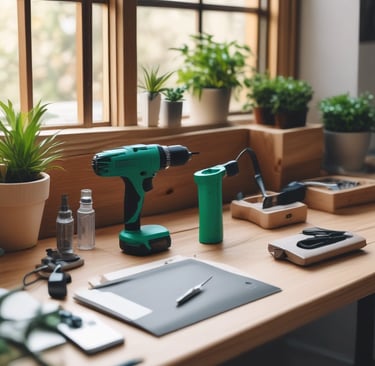 Eco-friendly power and hand tools including cordless drill and manual tools on a green-themed work