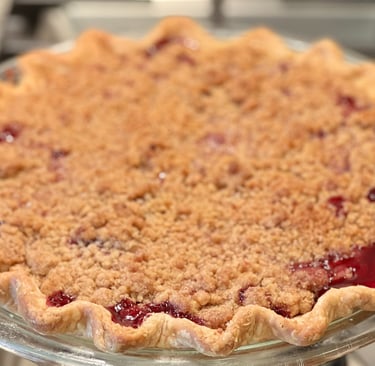 cherry peach amaretto crumb pie