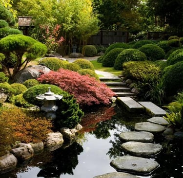 Japanese garden with water and stone lantern