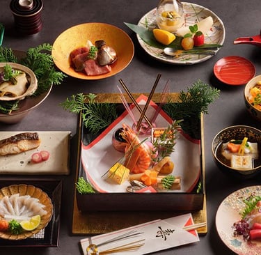 traditional japanese food with diverse little dishes
