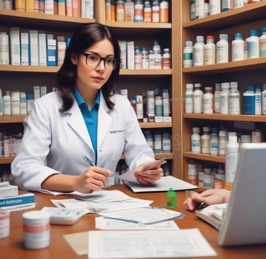 A street view of a pharmacy with a large sign reading 'Farmacia' above the entrance. The shop front is decorated with various posters and advertisements. A man carrying an orange bag is entering the shop. The facade of the building is brown and white with visible electrical wires and a sporadic display of greenery.