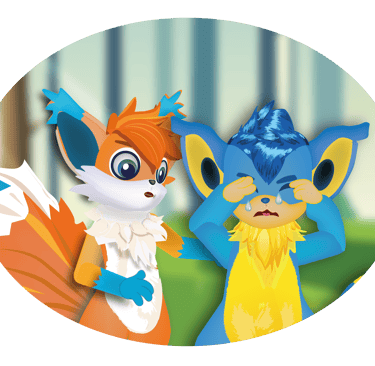 Tim troost Kiki in het bos terwijl zij haar ogen bedekt en verdrietig kijkt