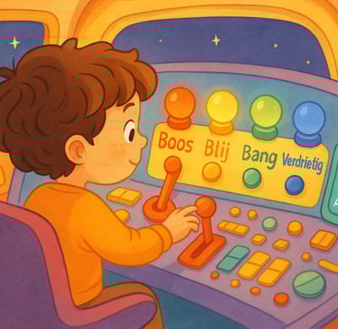 Een kind zit in een kleurrijke controlekamer met knoppen voor emoties: Boos, Blij, Bang en Verdrieti