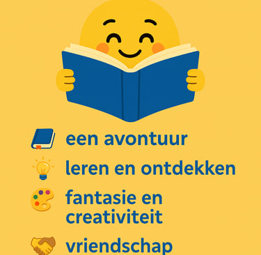 Poster bij het artikel Waarom lezen belangrijk is, met illustratie en opsomming van voordelen van le