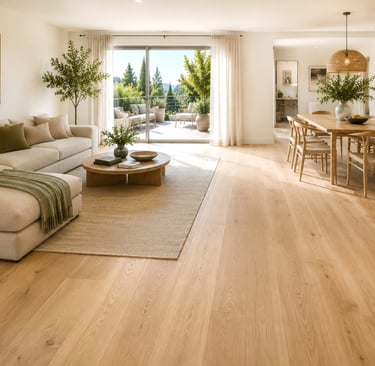 Salon avec parquet moderne après rénovation intérieure à Genève