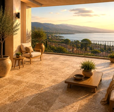 Terrasse avec carrelage effet pierre grand format et finitions haut de gamme offrant une vue sur le 