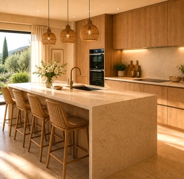 Cuisine moderne sur mesure avec îlot central, plan de travail en pierre et finitions haut de gamme.