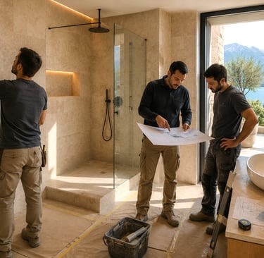 Étude d'un projet immobilier avec plans de rénovation et échantillons de matériaux.