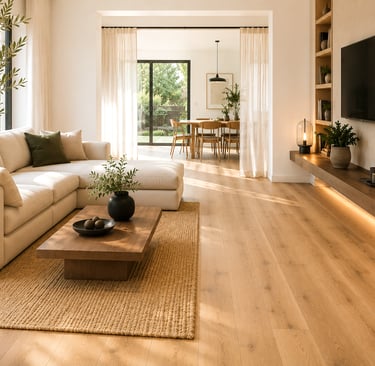 Salon contemporain avec parquet en bois, finitions soignées et lumière naturelle.