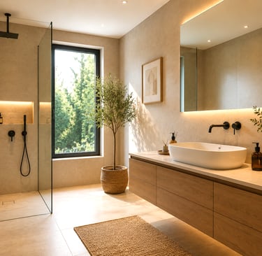 Salle de bains moderne avec douche à l'italienne, meuble suspendu et finitions haut de gamme.