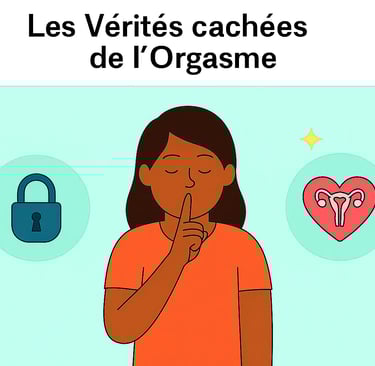 Femme silencieuse entourée d’icônes représentant un cadenas et un symbole de reproduction, illustrant les secrets de l’orgasm