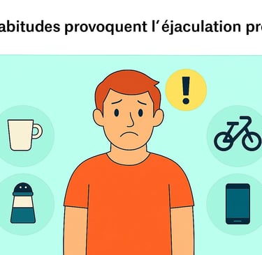 Homme inquiet entouré d’icônes représentant des habitudes liées à l’éjaculation précoce, habitudes qui donnent l'éjaculation 