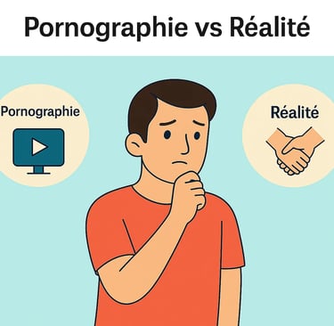 Illustration d’un homme confus face à la différence entre pornographie et réalité relationnelle, recherchesante.com