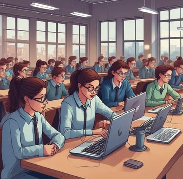 A computer lab with several rows of black desktop computers placed on tables, each connected with various cables. The room has a blue carpet and the walls have bulletin boards with posters. The arrangement suggests a classroom or training environment.