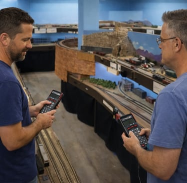 Two people operating model trains at the Gilbert Model Railroad Club.