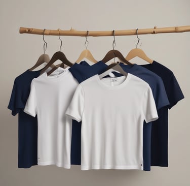 Several T-shirts hang vertically, featuring different colors including black, white, navy blue, and beige. The T-shirts are displayed side by side, showcasing their short sleeves and simple fabric texture.