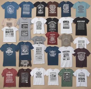 A storefront display of T-shirts, featuring various designs. The shirts depict famous characters with a twist, Mexican cultural symbols, and humorous or bold statements. There's a blend of black, white, and colorful tees, some with logos and others with illustrations. The reflection of the street and people can be seen in the glass.