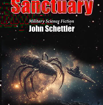 On the cover of Sanctuary, Flagship Orion meets a massive Jinn spider ship