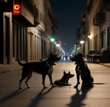 two dogs are sitting on the sidewalk in the city