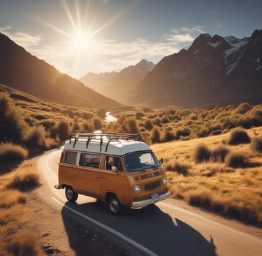 A cozy camper van parked on a snowy mountain slope with pine trees dusted in snow.