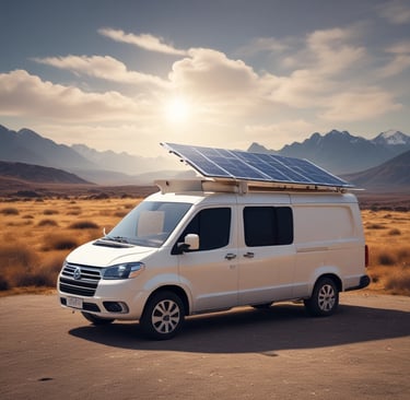 Interior view of a camper van with warm lighting and snow visible through the window.