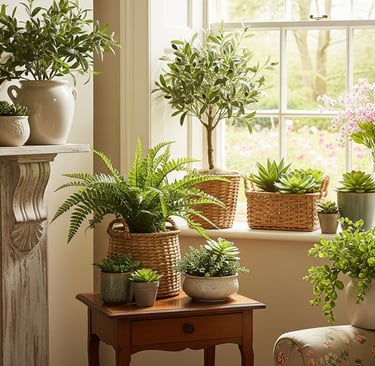 faux botannicals on window sill and in living room