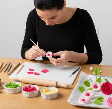woman making edible gum paste flowers