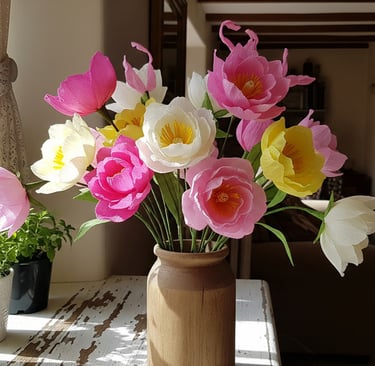 crepe paper flower bouquet in ceramic vase