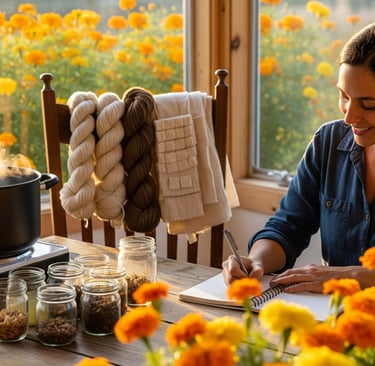 woman taking notes while boiling water with marigolds on table