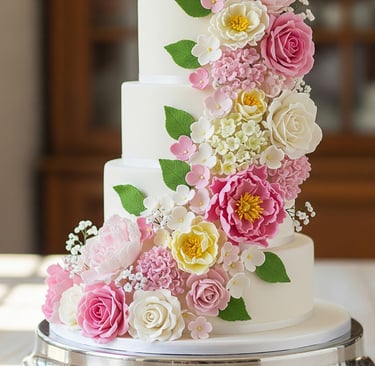 beautiful white cake with edible gum paste flowers