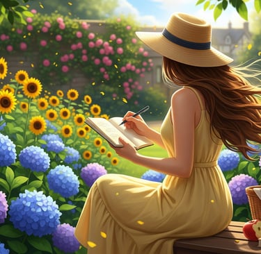 graphic of woman in yellow writing in notebook in flower garden
