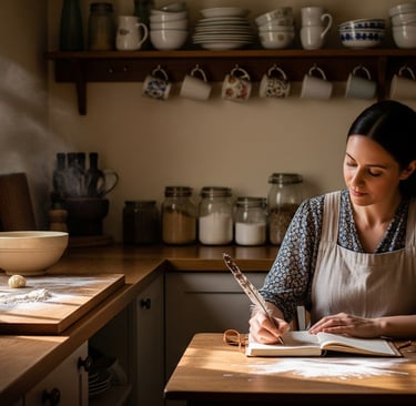 woman in kitchen writing in notebook