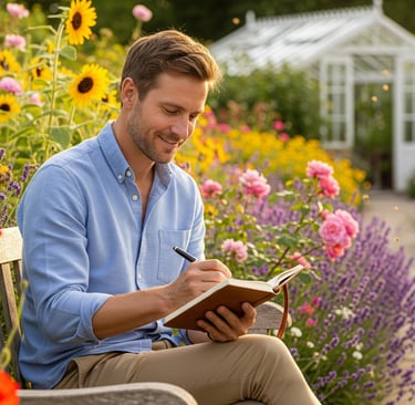 man in garden writing in notebook