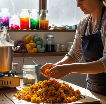 woman dyeing with marigolds in kitchen