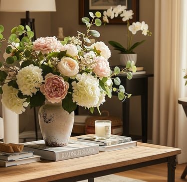 faux botannical flowers on table in living room