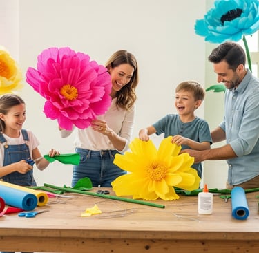 happy family making crepe paper flowers