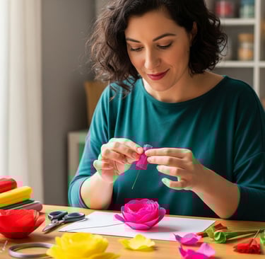 woman sat at desk making pink crepe flowers